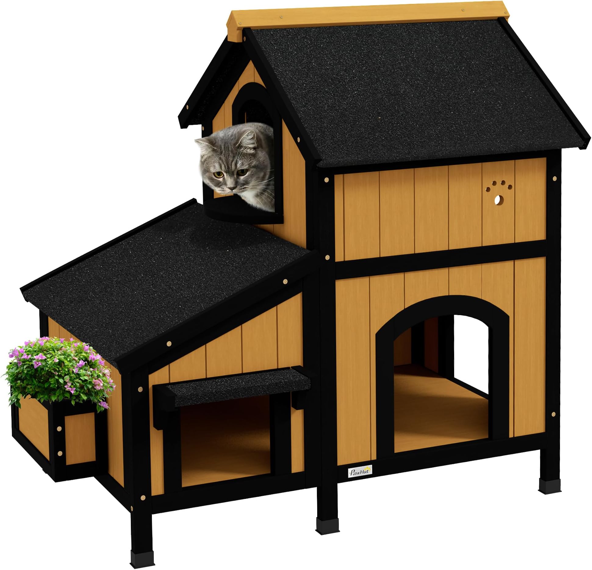 PawHut Wooden Outdoor Cat House with Flower Pot, Windows, Multiple ...