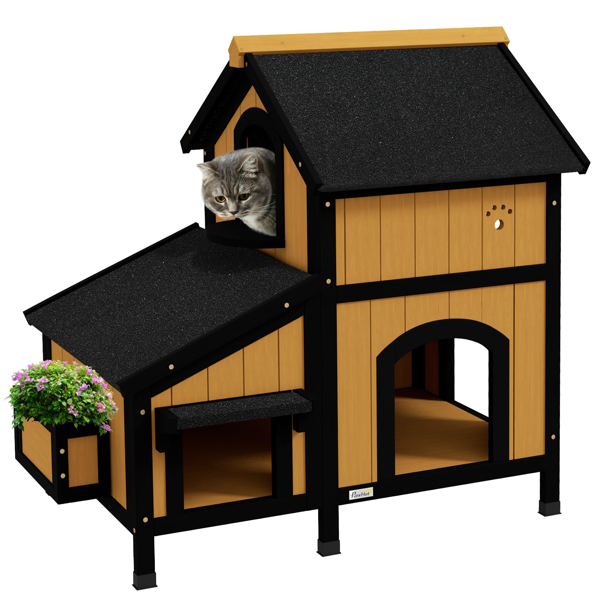 Casetta per gatti PawHut, in legno di abete, rifugio per gatti con diverse entrate, 2 piani, grotta per gatti all'aperto, casetta per animali con tetto in asfalto, fioriera, resistente all'inverno,
