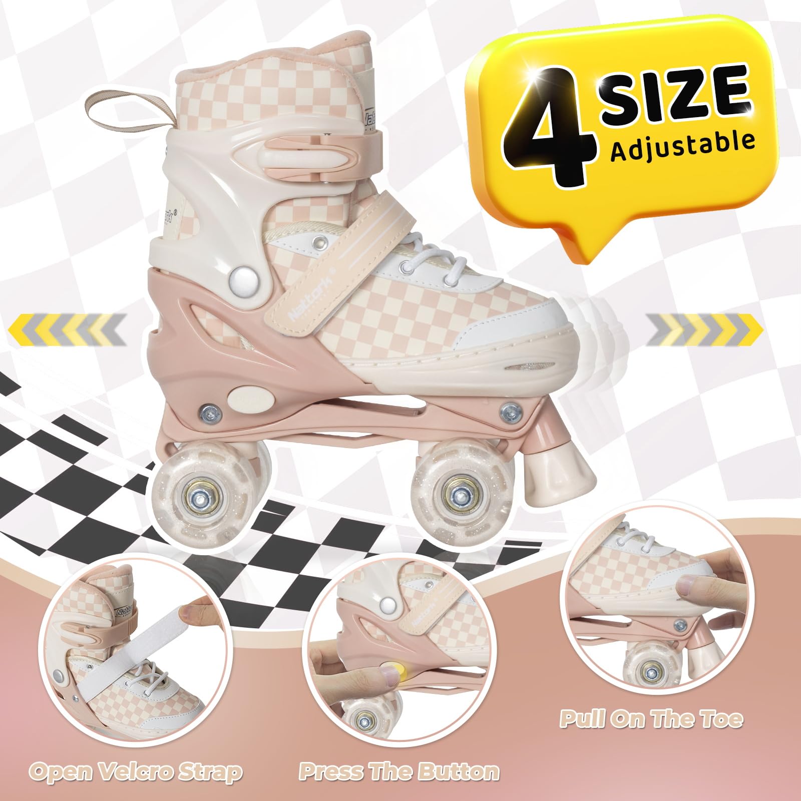 Nattork Verstellbare Rollschuhe für Kinder und Jugendliche, leuchtende Räder, Rollschuhe mit Schachbrettdesign für Jungen und Mädchen