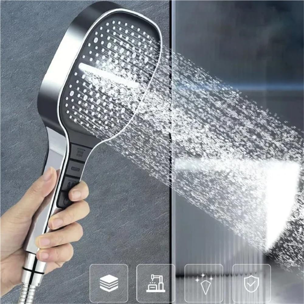 Cabezal de ducha grande de alta presión con 7 modos ajustables, boquillas mezcladoras que ahorran agua para una experiencia de baño definitiva, elegante juego de accesorios de baño plateados