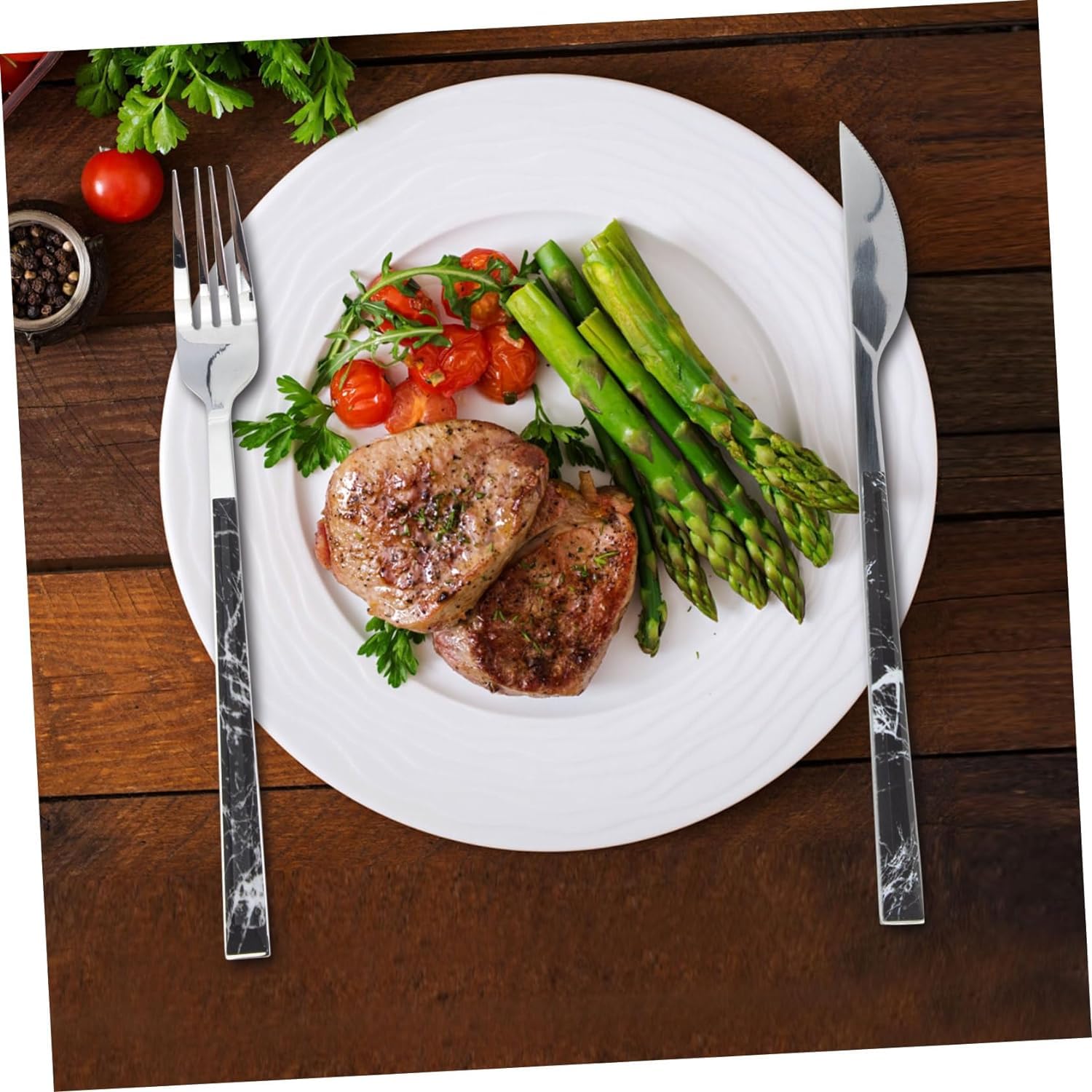 Juego De Cubiertos De 3/5 Piezas, Cuchillo, Tenedor, Cuchara, Juego De Cubiertos De Acero Inoxidable, Juego De Cubiertos De Plástico con Mango De Madera, Juego D,5 Pcs