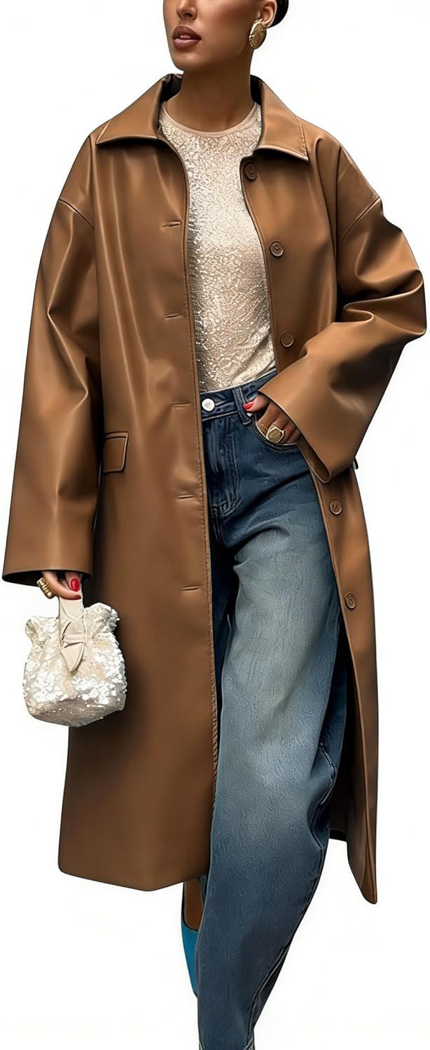 chouyatou Women's Faux Leather Long Trench Coat Casual Lapel Single Breasted Pu Leather Jacket Outerwear Overcoat