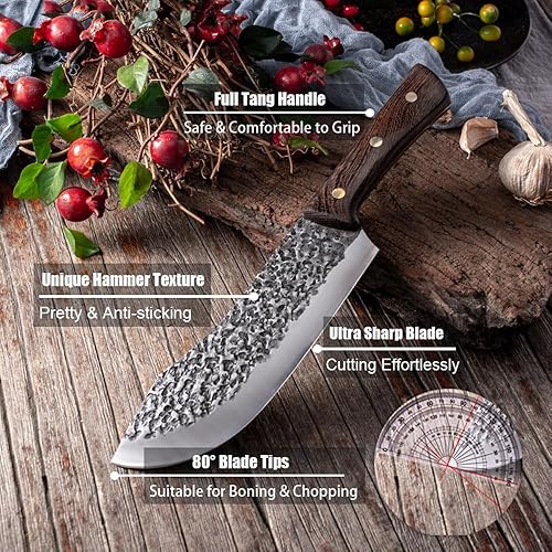 Miniatura 5 de ROCOCO Cuchillo de carnicero para cortar carne forjado a mano de 7 pulgadas afilado de espiga completa para cocina, cuchillos de cocina para el