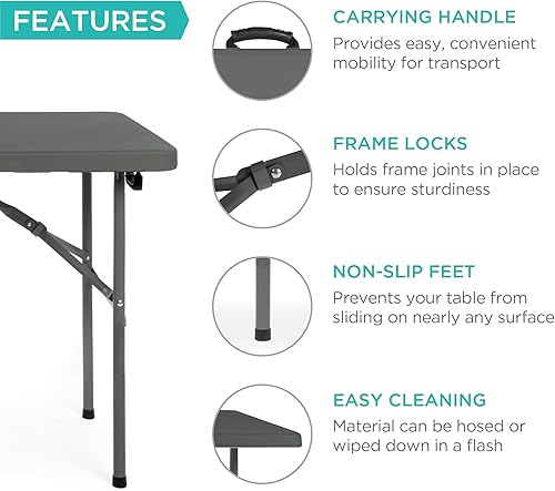 Miniatura 47 de Best Choice Products Mesa plegable de plástico de 4 pies, para interiores y exteriores, resistente, portátil, con asa, cerradura para picnic, Negro