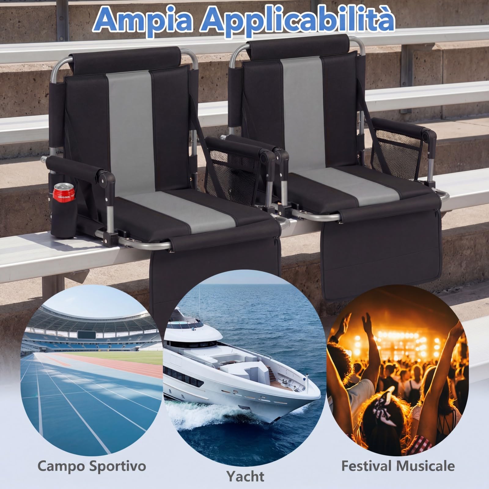 COSTWAY Sedia Stadio, Sedile Pieghvole da Tribuna, con Tracolla e Manico Portatili, Cuscino Imbottito, Schienale, Tasca Portaoggetti, Portabicchieri, per Partite Sportive, Concerti (Grigio)