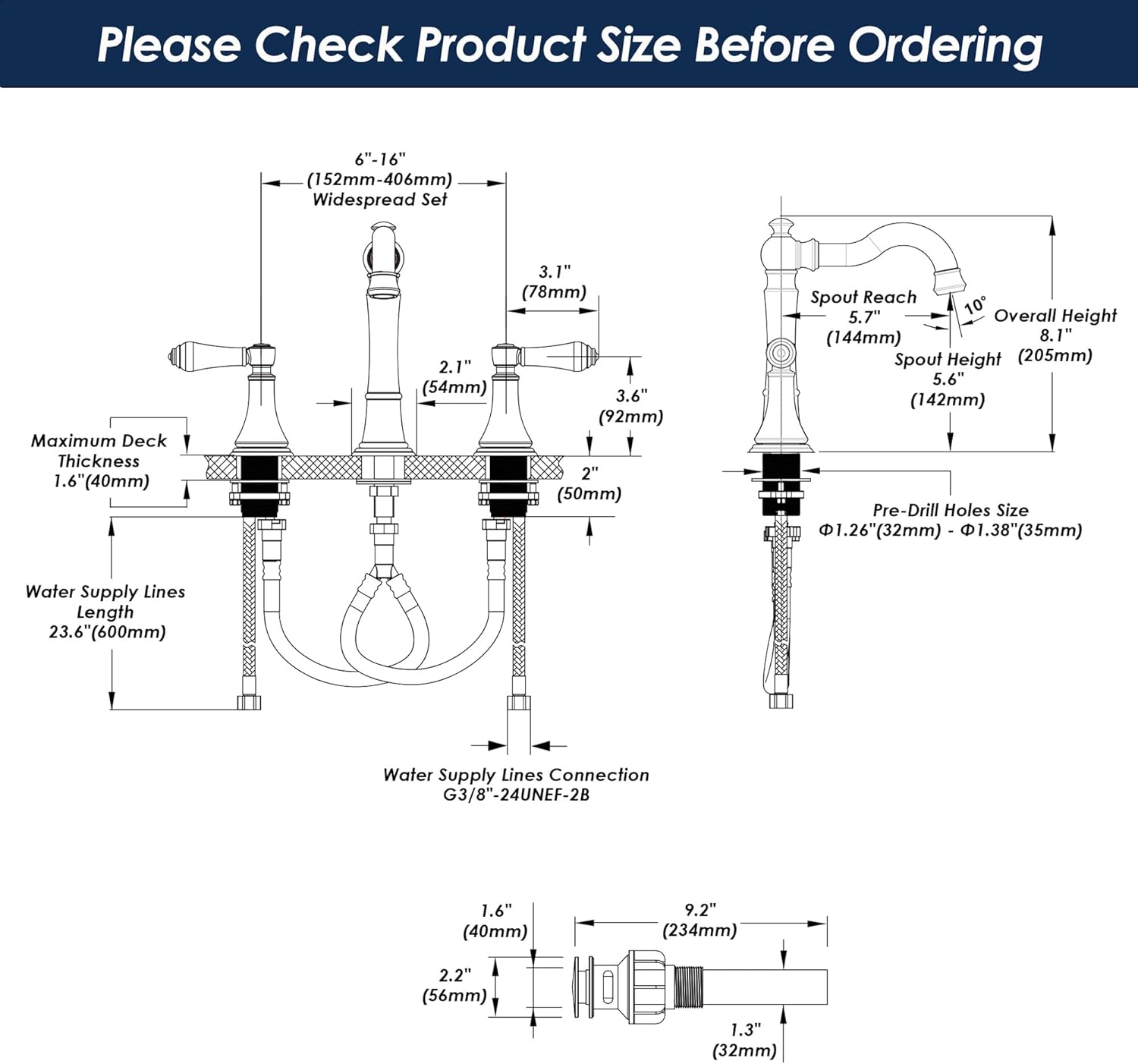 Porcelain Brushed Gold Bathroom Faucet 8 inch Widespread for 3 Holes with Plastic Pop-Up Drain & 2Pcs Water Supply Lines, Classical 2-Handle Gold Vanity Sink Faucets, 360° Swivel Brass Spout