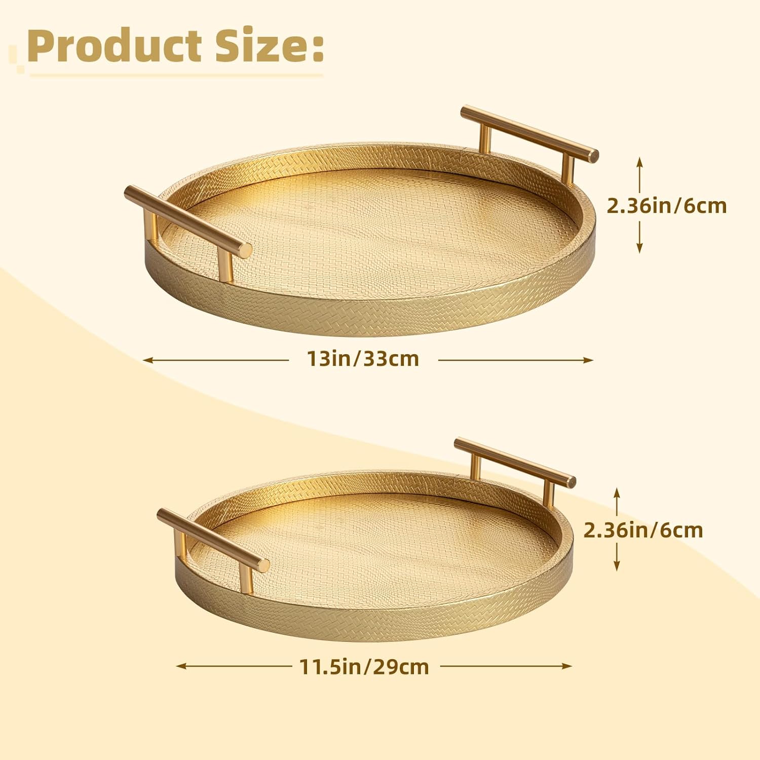 2 Piece Golden Round Serving Tray with Handles, Woven-Texture Faux Leather Ottoman Tray for Living Room, Decorative Tray for Coffee Table Home Decor