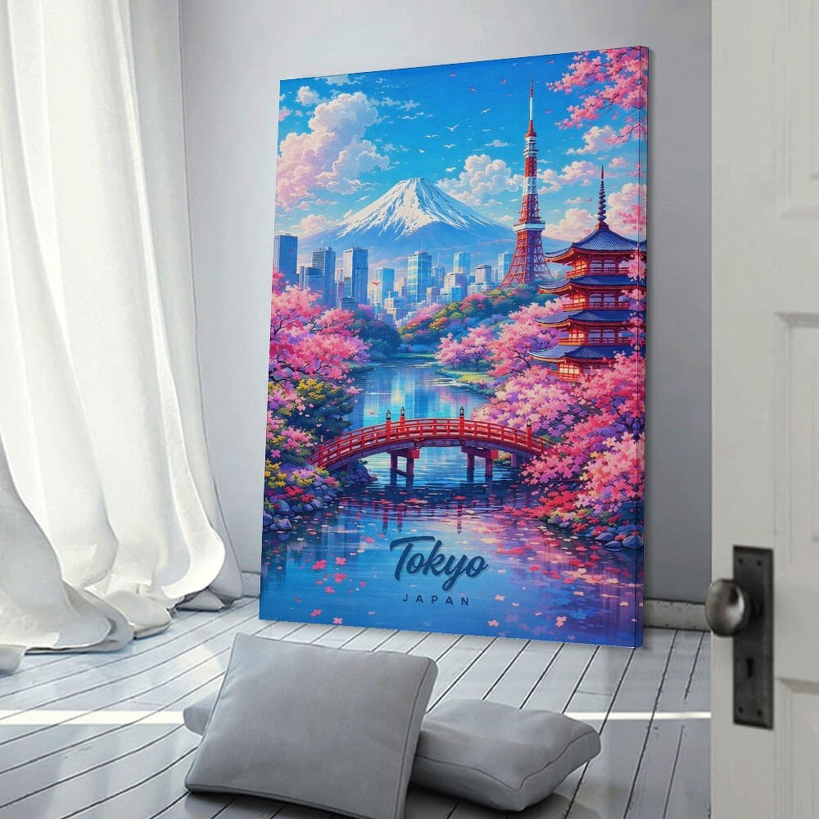 Junmoney Tokyo Cityscape with Mount Fuji And Cherry Blossoms Room Decor Wall Art 20x30inch(50x75cm), for Bedroom, Guest Room Or Reading Nook, An Easy Wall Refresh for Bedrooms