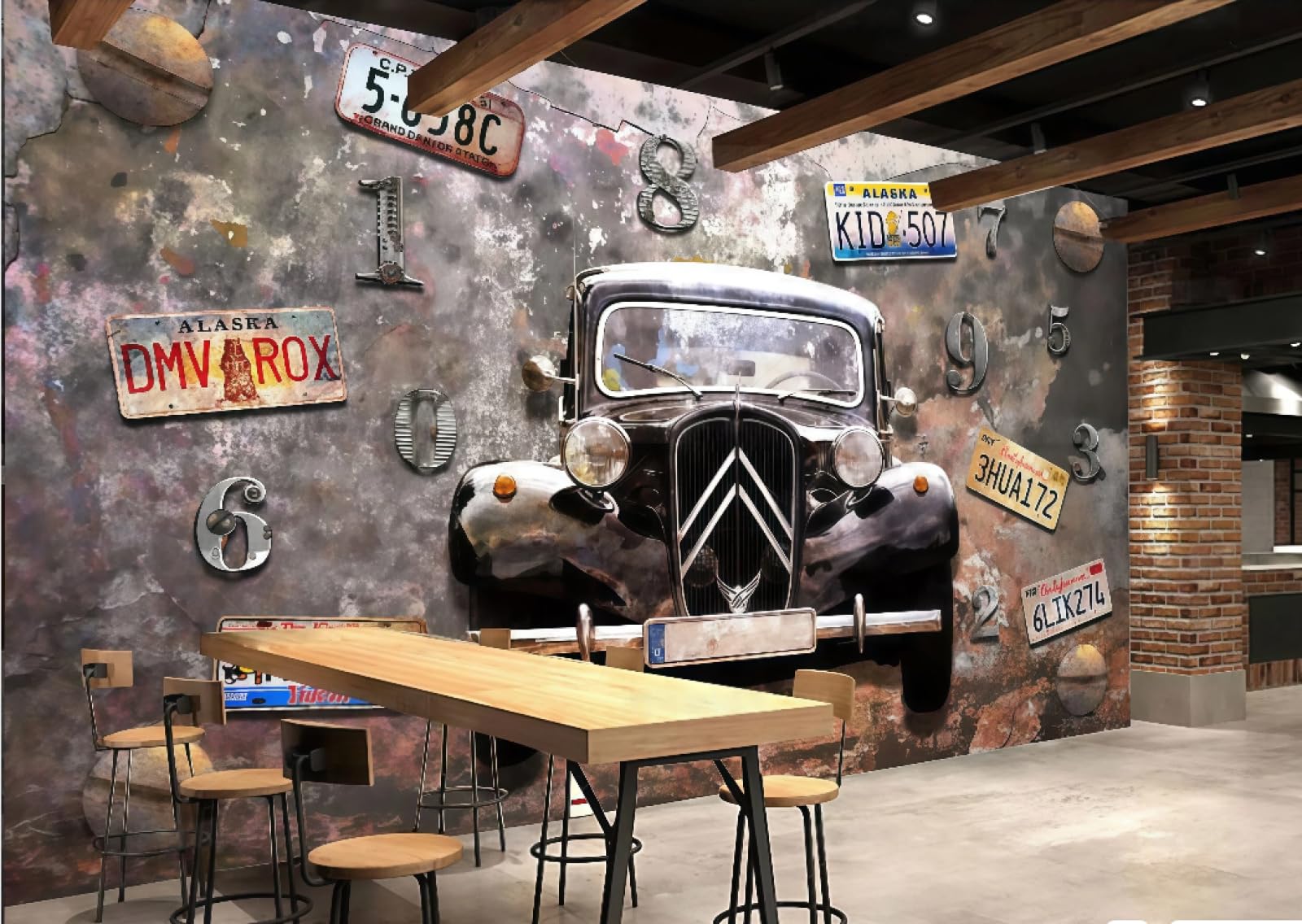 rskjdghshd Wallpaper Retro Rust Nostalgic Car License Plate Theme Shopping Mall Bar Western Restaurant Background Wall Mural Afternoon Tea Coffee Shop Wallpaper,3D,150x105cm
