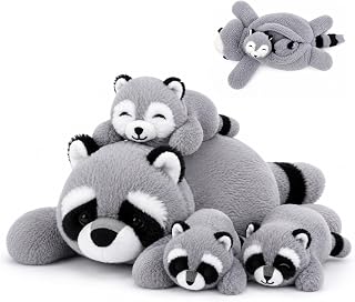Raccoon Stuffed Animal with 3 Baby Plushies in Tummy | Soft Family Toy Set for Kids,Realistic Fluffy Plush Toy Woodland Animal Plush for Birthday & Christmas Gift