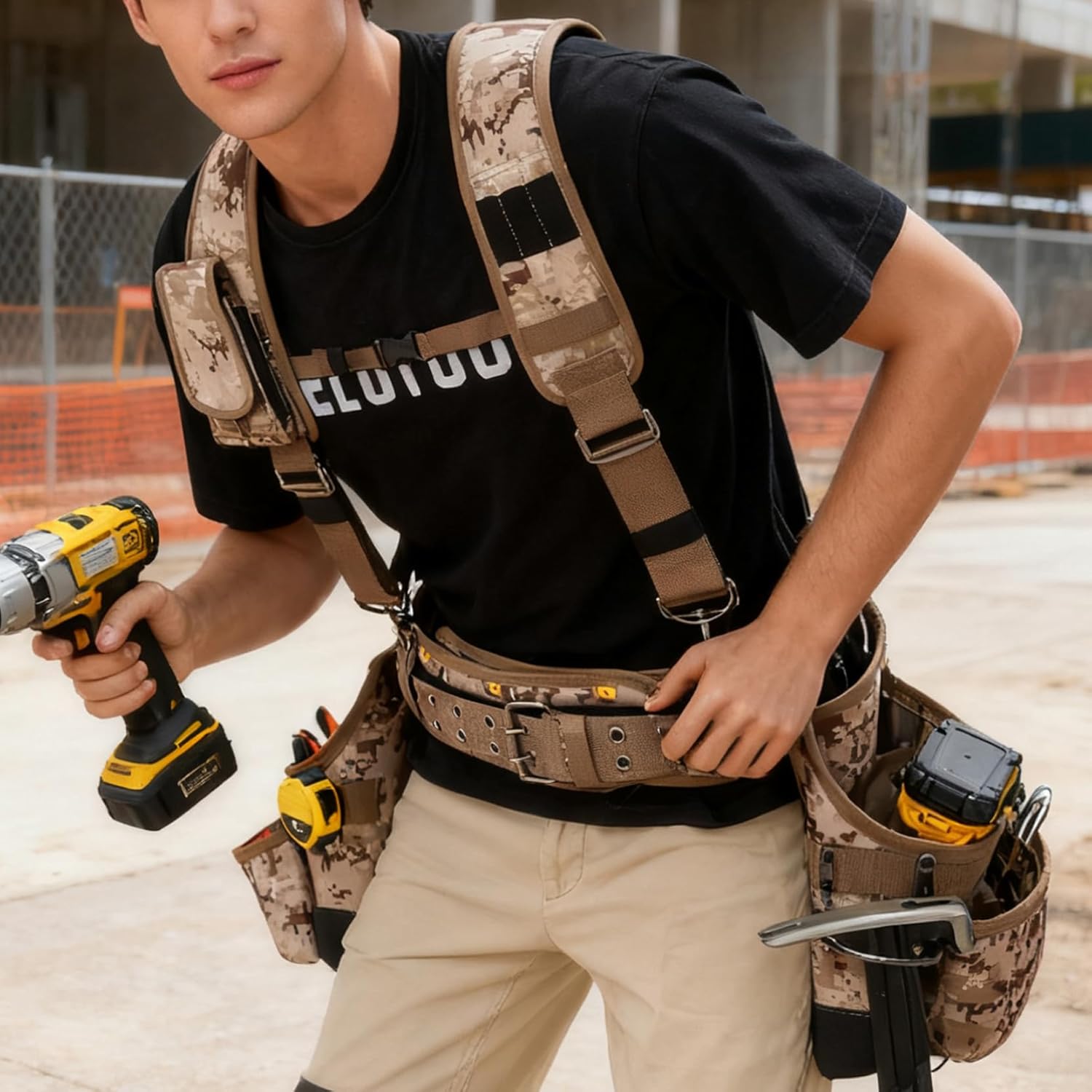 MELOTOUGH Camo Tool Belt with Suspenders Camouflage Tool Pouch Supenders Framers Combo Apron Tool Belt Construction Tool Bag Suspenders Heavy Duty Carpenter Suspension Rig for Electrician(Kahki Camo) - Image 5