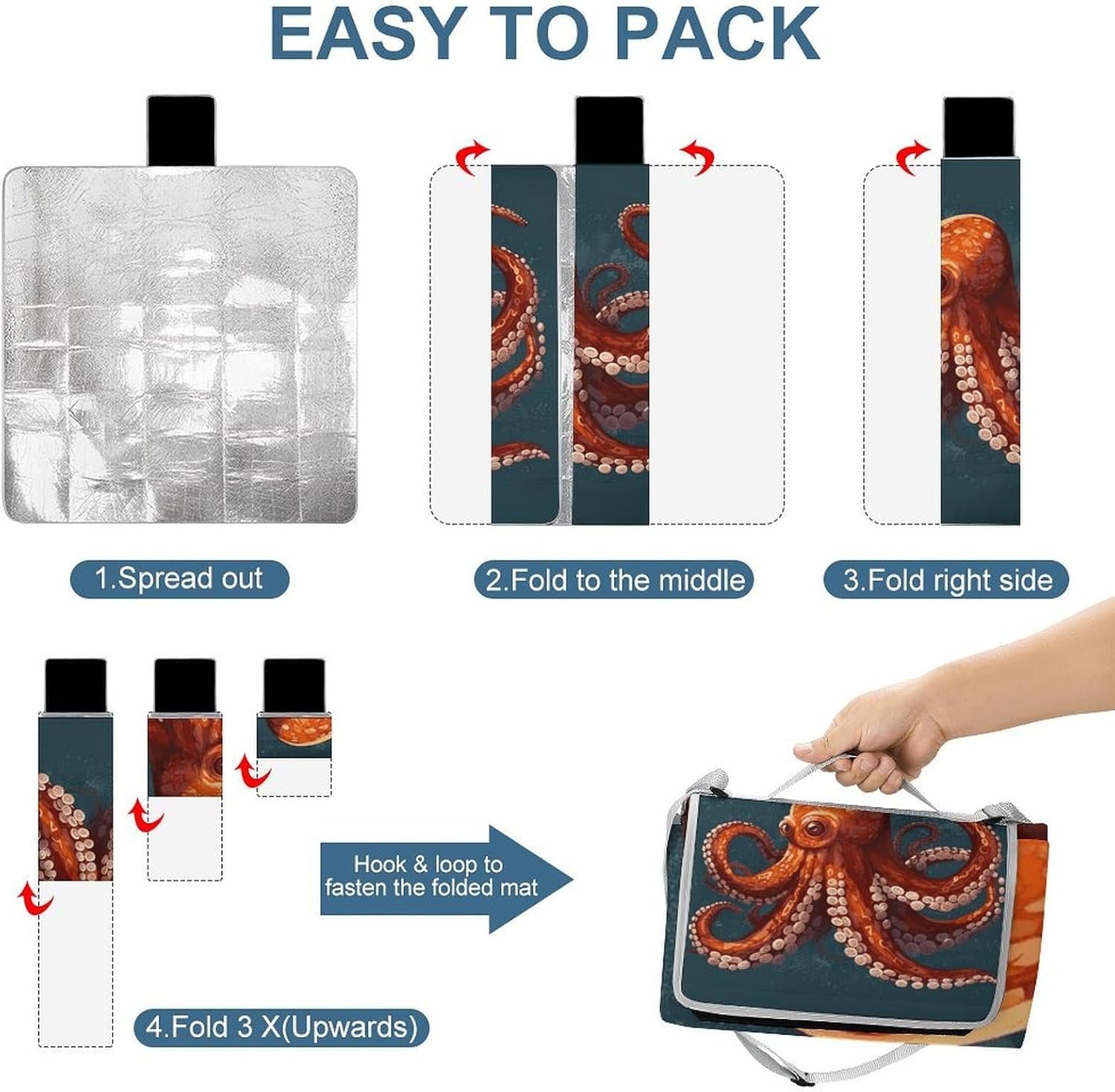 Animal Octopus Waterproof Picnic Blanket 58.3''x58.3'',Portable and Foldable Picnic Mat with Handle,Outdoor Blankets for Lawn Park Beach Travel