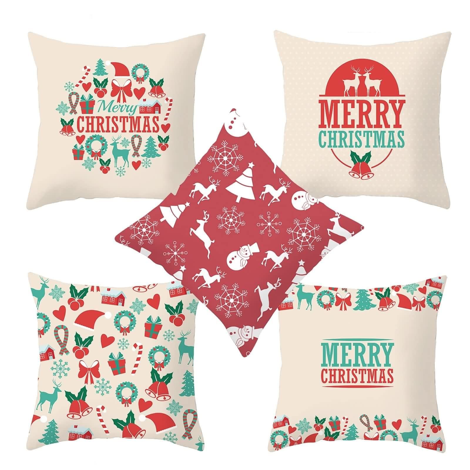 AmDxD Juego de 5 fundas de almohada de 50 x 50 cm, diseño de decoración navideña, fundas de almohada en poliéster, funda de cojín cuadrada, cómoda para sofá, dormitorio, salón, decoración beige,
