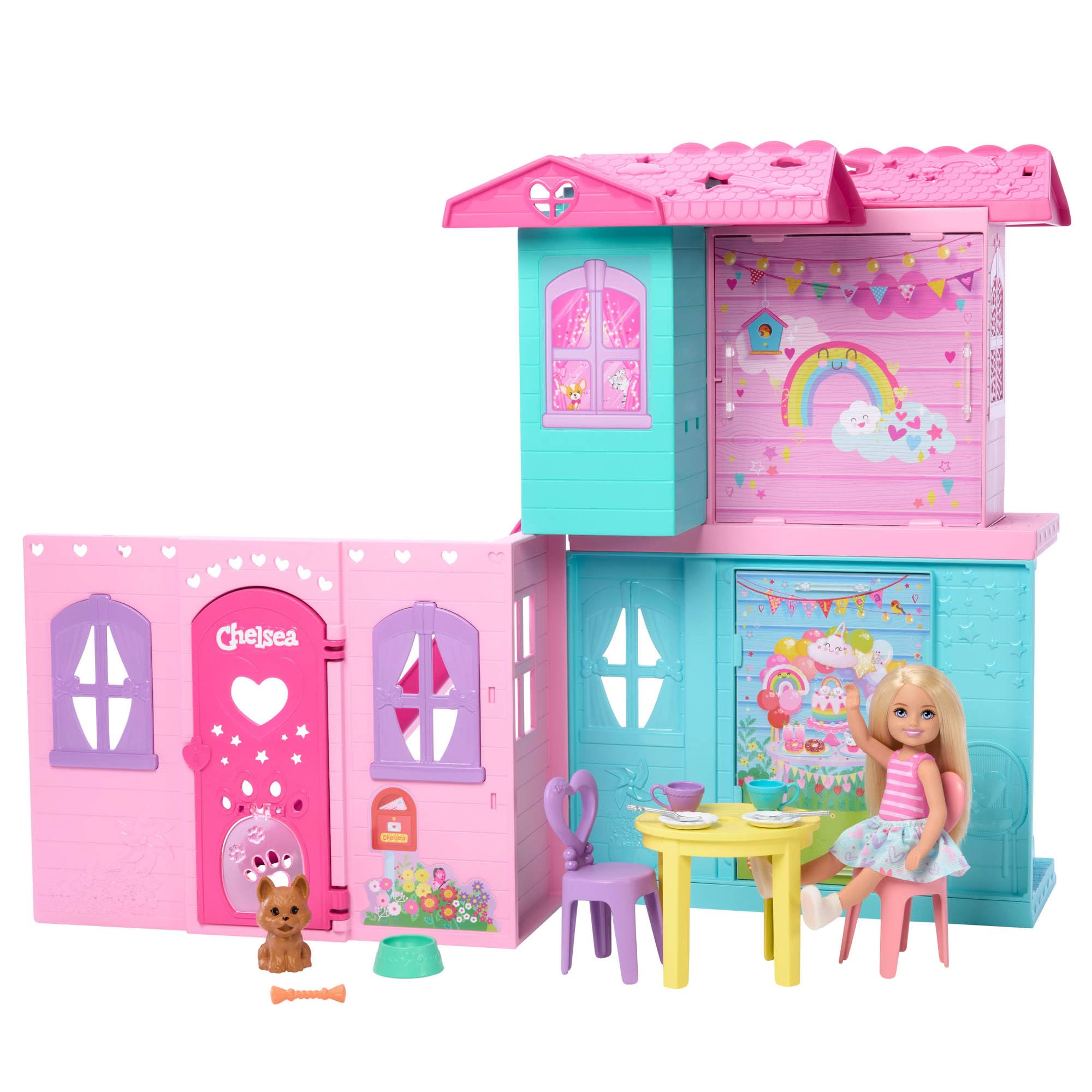 Barbie Chelsea Spielzeug-Puppenhaus mit über 15 Accessoires, das Pop-up-Haus erweitert Sich auf über 42 x 33 cm mit 5 Spielbereichen und Rutsche, mit Kleiner Puppe und Hund, JFW49