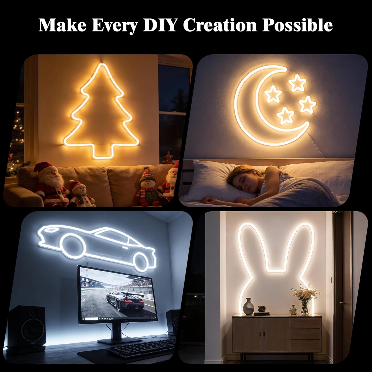 Warm White LED Neon Rope Light, 16.4FT White Flexible Strip Lights, Cuttable Dimmable Linkable Waterproof DIY Neon Signs for Bedroom Kitchen Home RVs Decor with Remote and Power Adapter