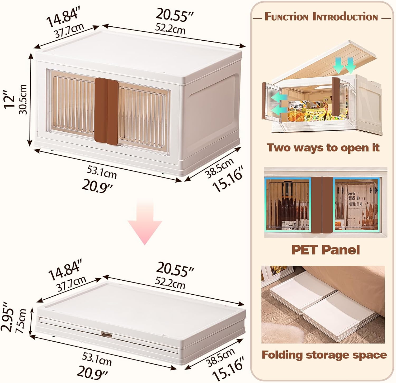 Foldable Stackable Storage Bins with Lids & Wheels, Closet Organizers and Storage,Organize Cabinet,Brown Handle Multi-Functional Bins,Plastic Drawers for Utility Room,car Trunk (Brown, Pack*2) Brown and White 2 Pack L
