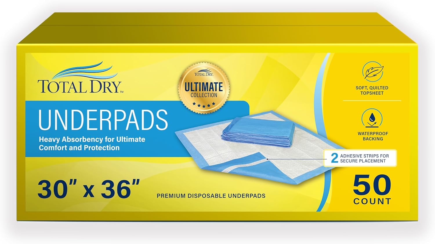 TotalDry Ultimate Underpads - Heavy Absorbency for Ultimate Comfort and Protection. Disposable Chucks for Adults, Children & Pets - 30"x36" Size 50 Count