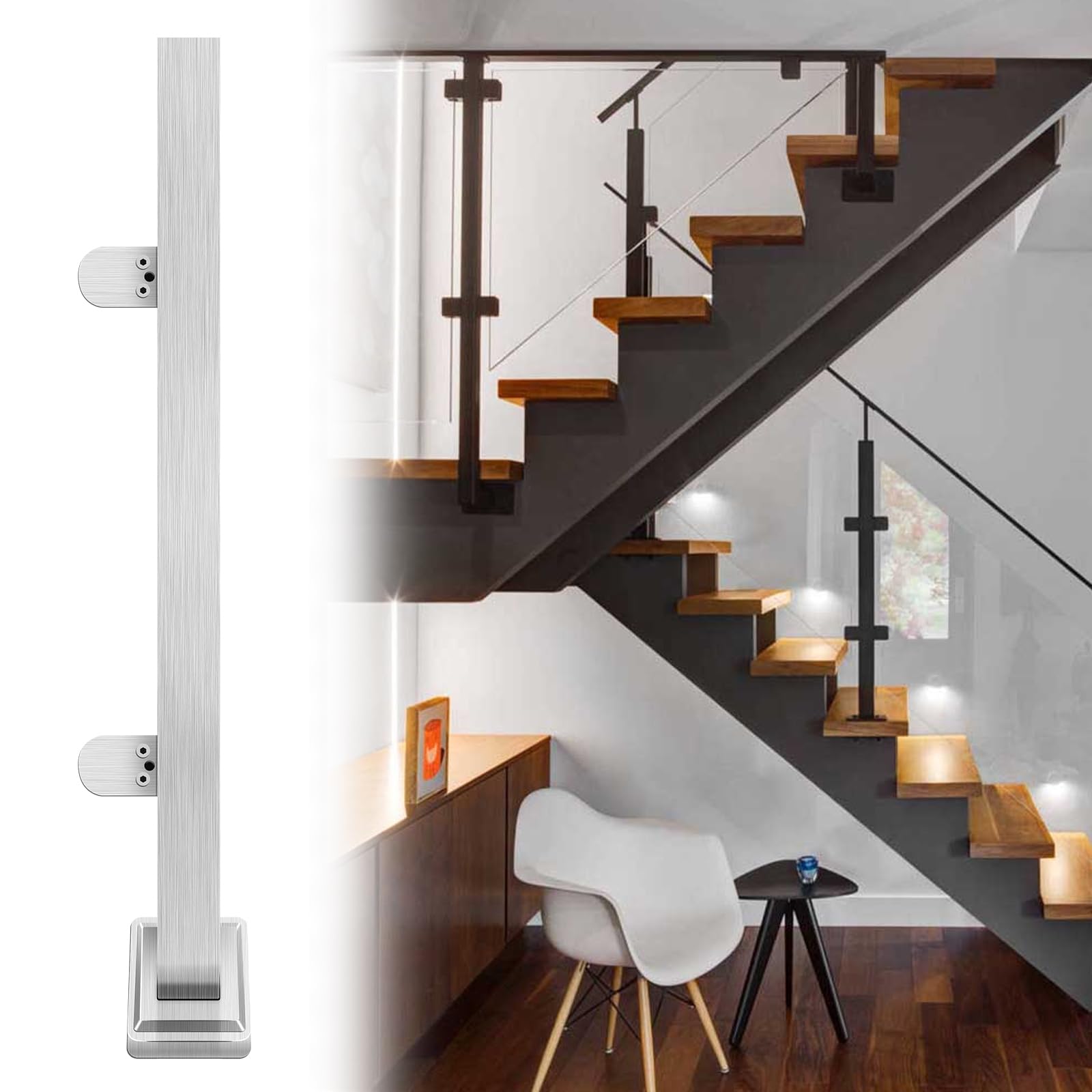Poteau d'extrémité de balustrade en verre en acier inoxydable 304 avec pince pour intérieur et extérieur, balustrade de terrasse, balcon, grenier, escalier (poteau d'extrémité, brossé