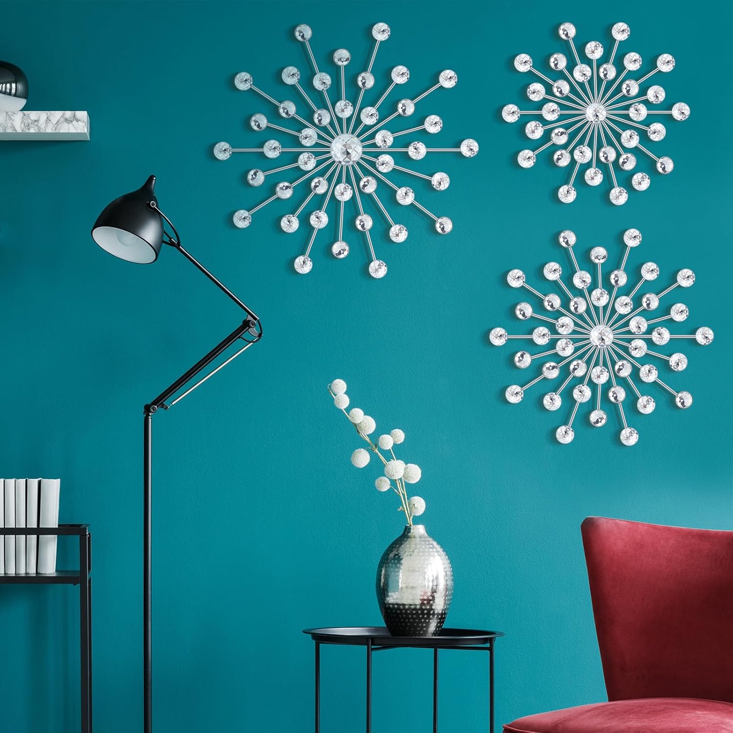 Barydat 6 Pcs Metal Starburst Wall Decor Bling Crystal Wall Art Rhinestone Sunburst Home Decoration No Punch Starburst Hanging Diamond Accents for Living Room Bedroom(25cm, 20cm, 15cm,Silver)