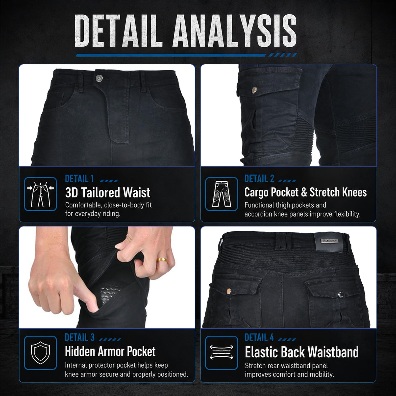 LZQpearl Herren Motorradhose, Männer Frauen Motorrad-Jeanshose Schutzhose mit 2 Paar abnehmbaren Schutzpolstern für Hüfte und Knie, Mit Protektoren Motorradjeans