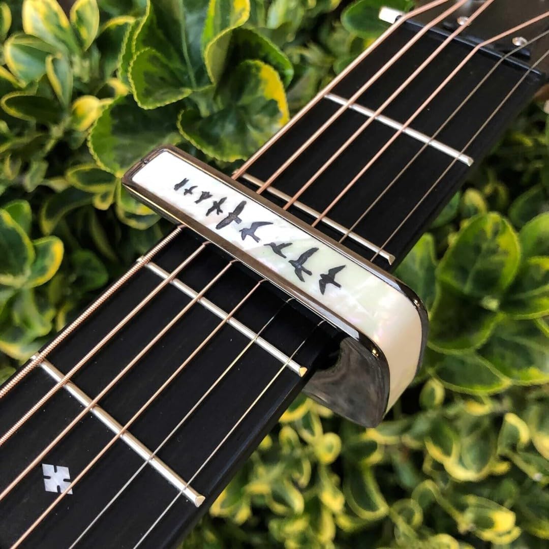 Thalia Guitar Capo - Deluxe Series (New Model with (2) Universal OctaveTouch Fret Pads) Black Chrome - Birds on Pearl