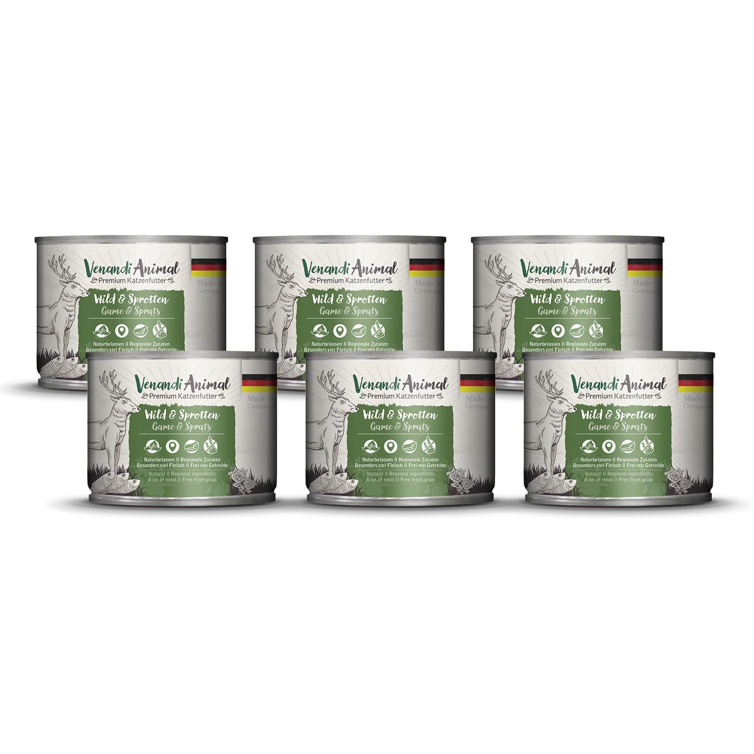 Venandi Premium karma dla kotów, mokra karma, dziki i szprot, bez zbóż z dodatkowym mięsem, 6 x 200 g (6 sztuk)