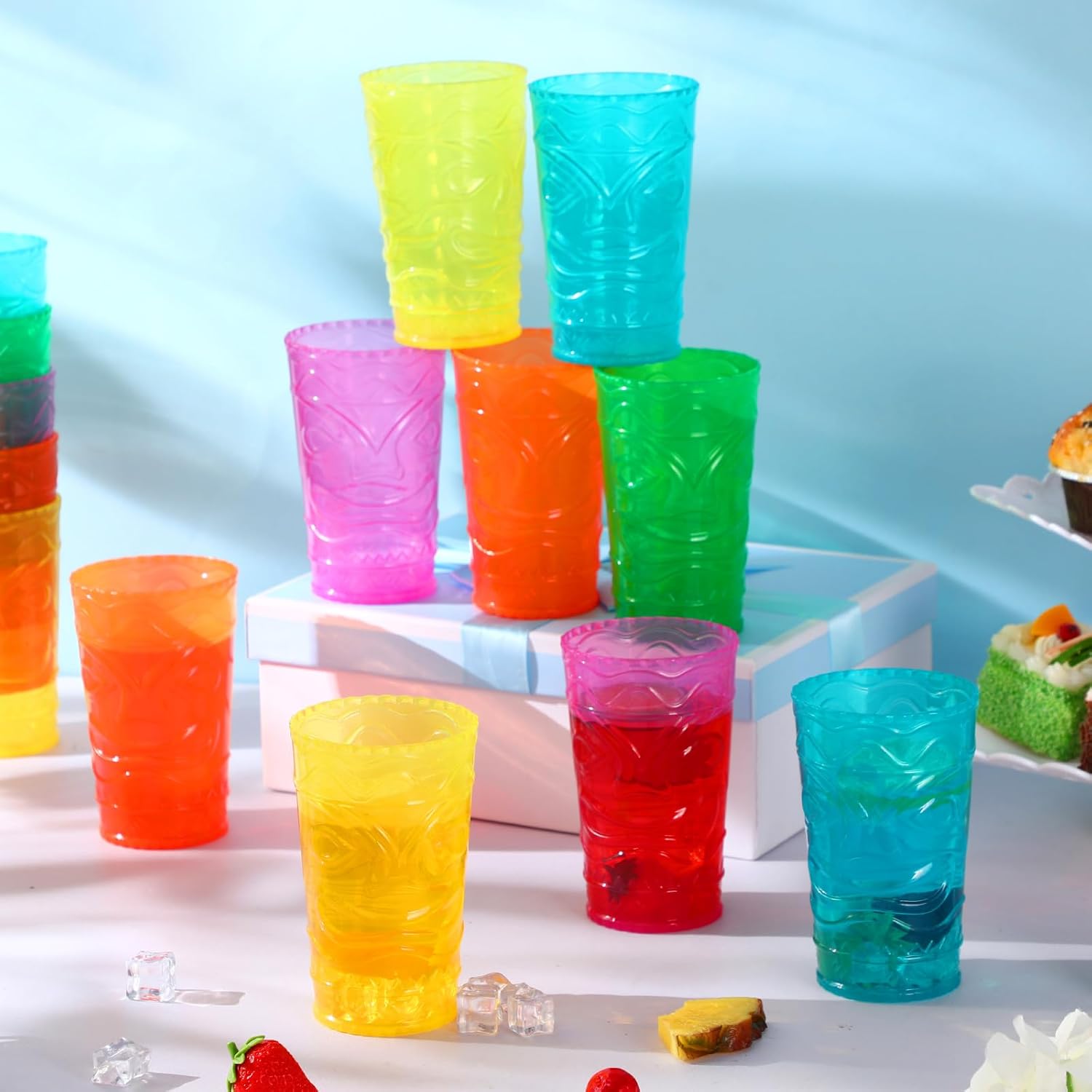 Qinyoung 30 Pcs Tiki Glasses Bulk 14 oz Hawaiian Tiki Plastic Cups for Cocktails Tropical Embossed Cup Reusable Bar Drinkware for Mai Tai, Pool, Luau Beach Party Supplies (Multicolor)