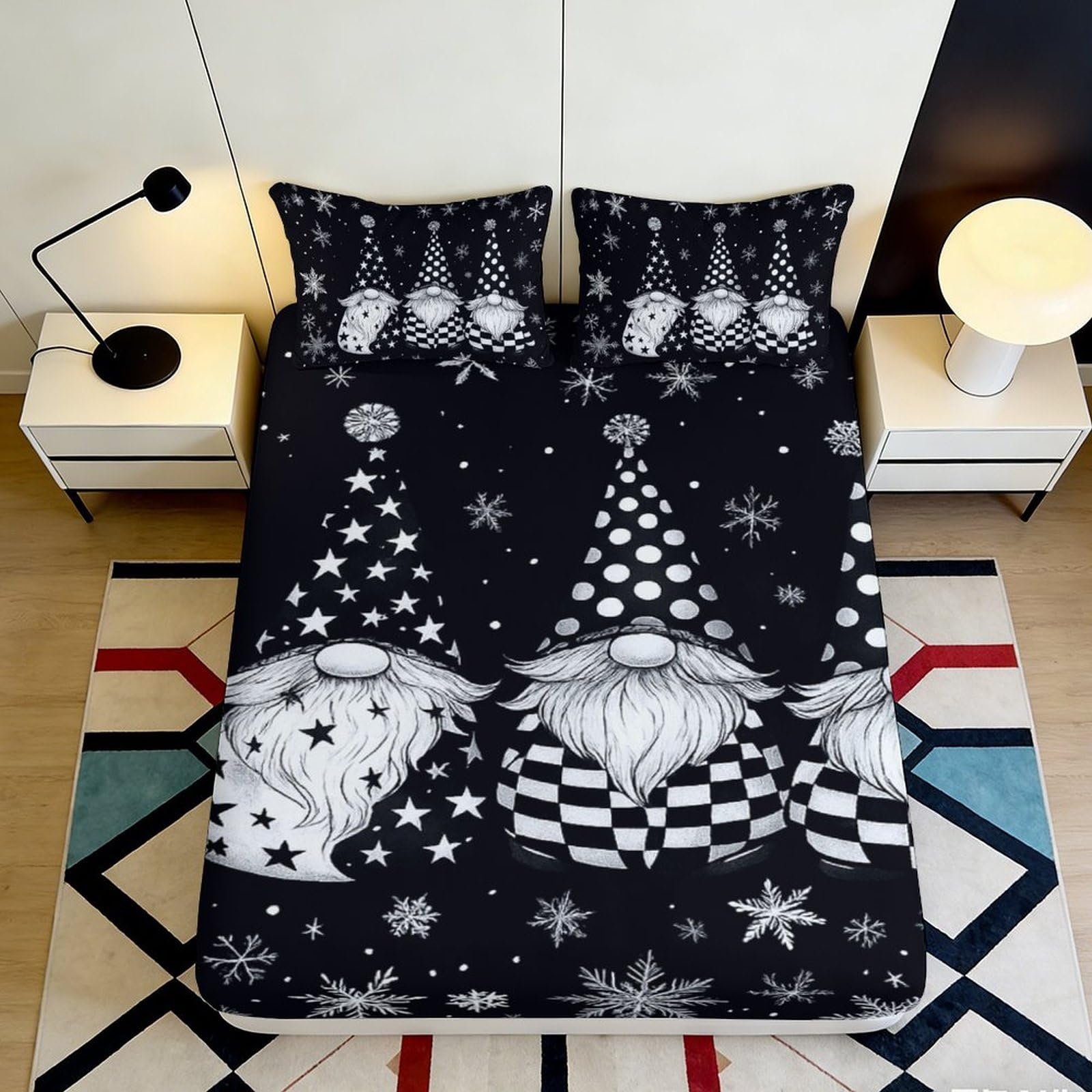 3D Printed Christmas Gnome Fitted Sheet Microfiber Soft Black Snowflake Bed Sheet for Bedroom Guest Room Decor 120x200x25cm
