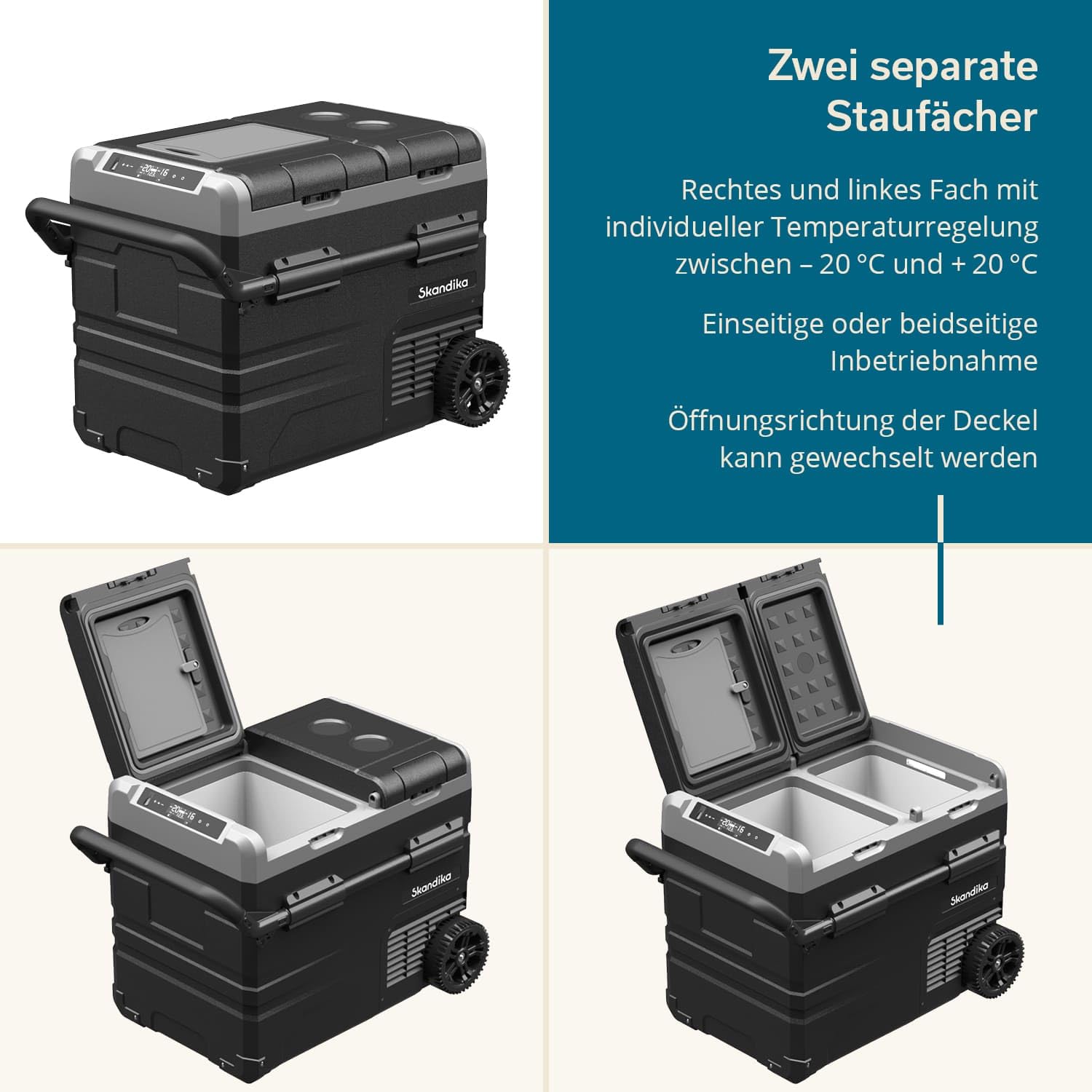 Skandika Auto-Gefrierbox 35 bis 55 L +10 ° bis -20 °C | Kompressor Kühlbox mit Trennwand, leise, Eco-Mode, mit 12 V Stecker oder Netzteil für Steckdose | Camping Kühlschrank für Auto, LKW, Bus, Camper
