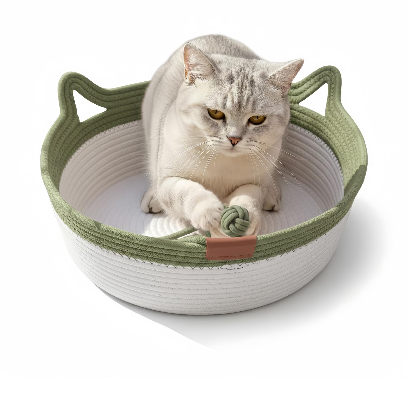 Instinct Basket for Cats - Handwoven Cotton Rope Enrichment Bed with Attached Toy Tail, Scratchable Interactive Pet Nest Features Flexible Walls to Fight Boredom & Protect Furniture (Green, S)