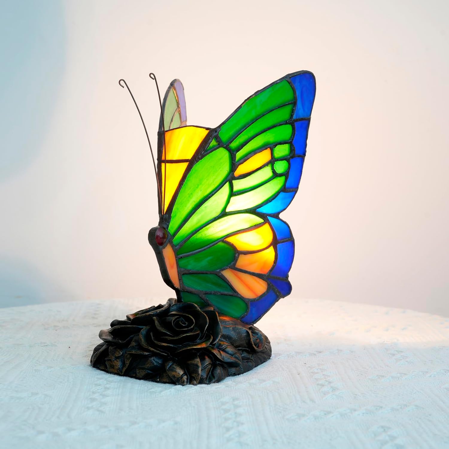 Bedside Table Lamp Tiffany Style Blue Green Butterfly Nightstand Light Small Stained Glass Lamp for Bedroom Living Room Home Office