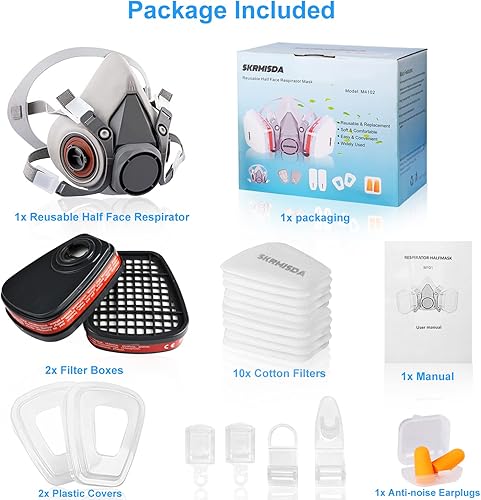 Miniatura 7 de Respiradores reutilizables, respirador reutilizable de media cara con 10 filtros respiradores de algodón activo contra pintura, polvo, pulido,