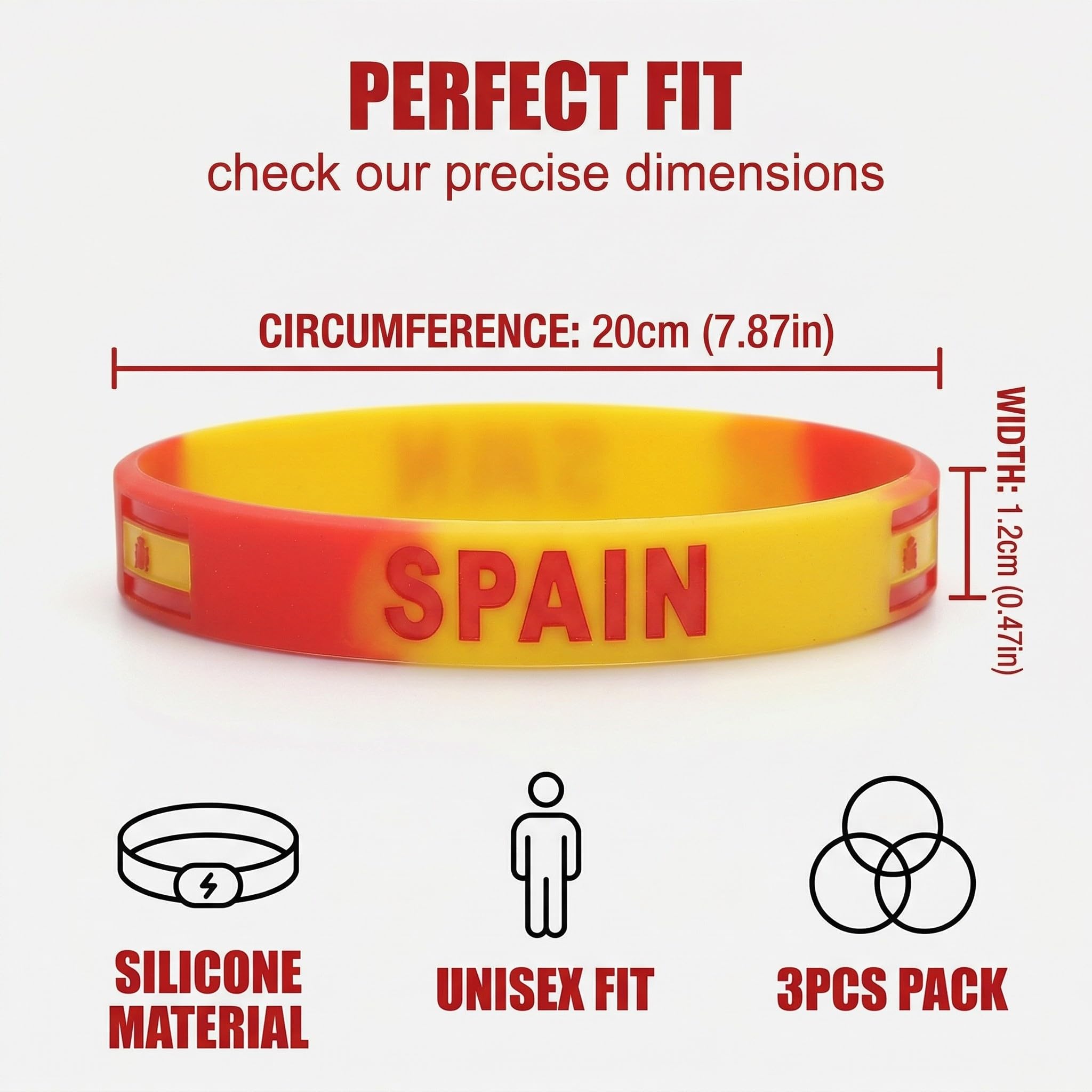 Lot de 3 Bracelets Espagne en Silicone pour Supporter, Bracelet de Sport Rouge aux Couleurs du Drapeau Espagnol, Accessoire Unisexe pour Football, Événements Sportifs et Fêtes, 20cm