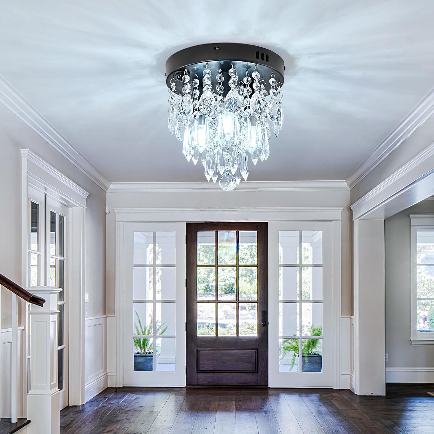 YYJLX Indoor Motion Sensor Ceiling Light Modern Crystal Chandelier Black Mini Flush Mount Light Fixture for Hallway Closet Porch Hall Front,3 Light E12.