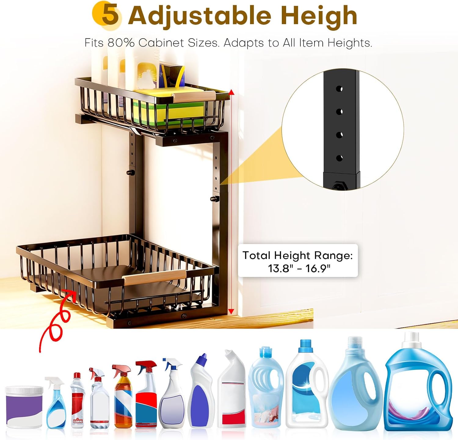 Under Sink Organizer, Heavy-Duty & Rust-Resistant Carbon Steel Metal, 2 Tier Pull Out Under Bathroom Sink Storage, Adjustable Height (13.8" -16.9"), Organizer for Kitchen Cabinet(2PCS,Black) - Image 3