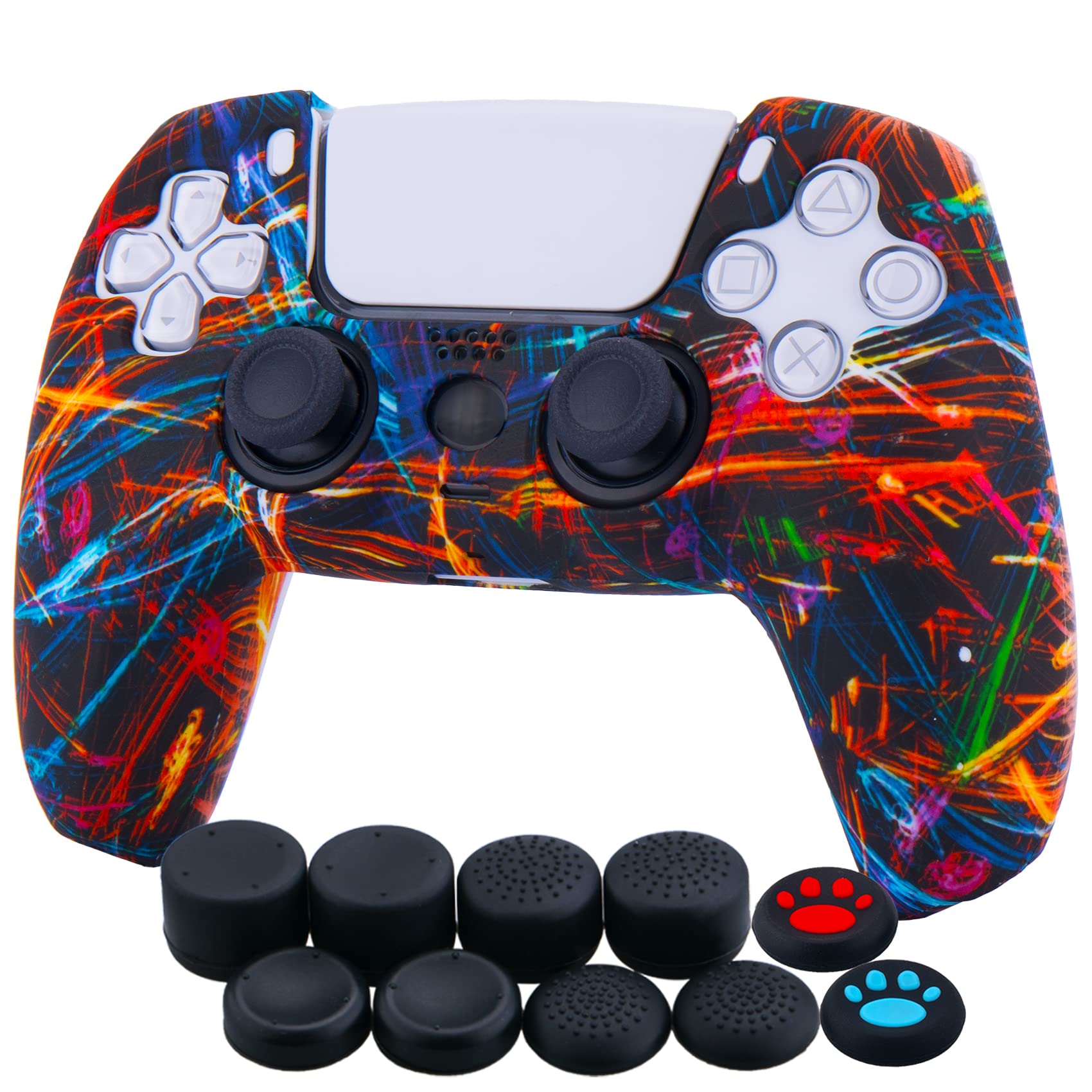 YoRHa Silicona Espesar Impresión Funda Piel Carcasas Cubierta Compatible de PS5 Mando x 1 (Haz de Noche) con Agarres para el Pulgar x 10
