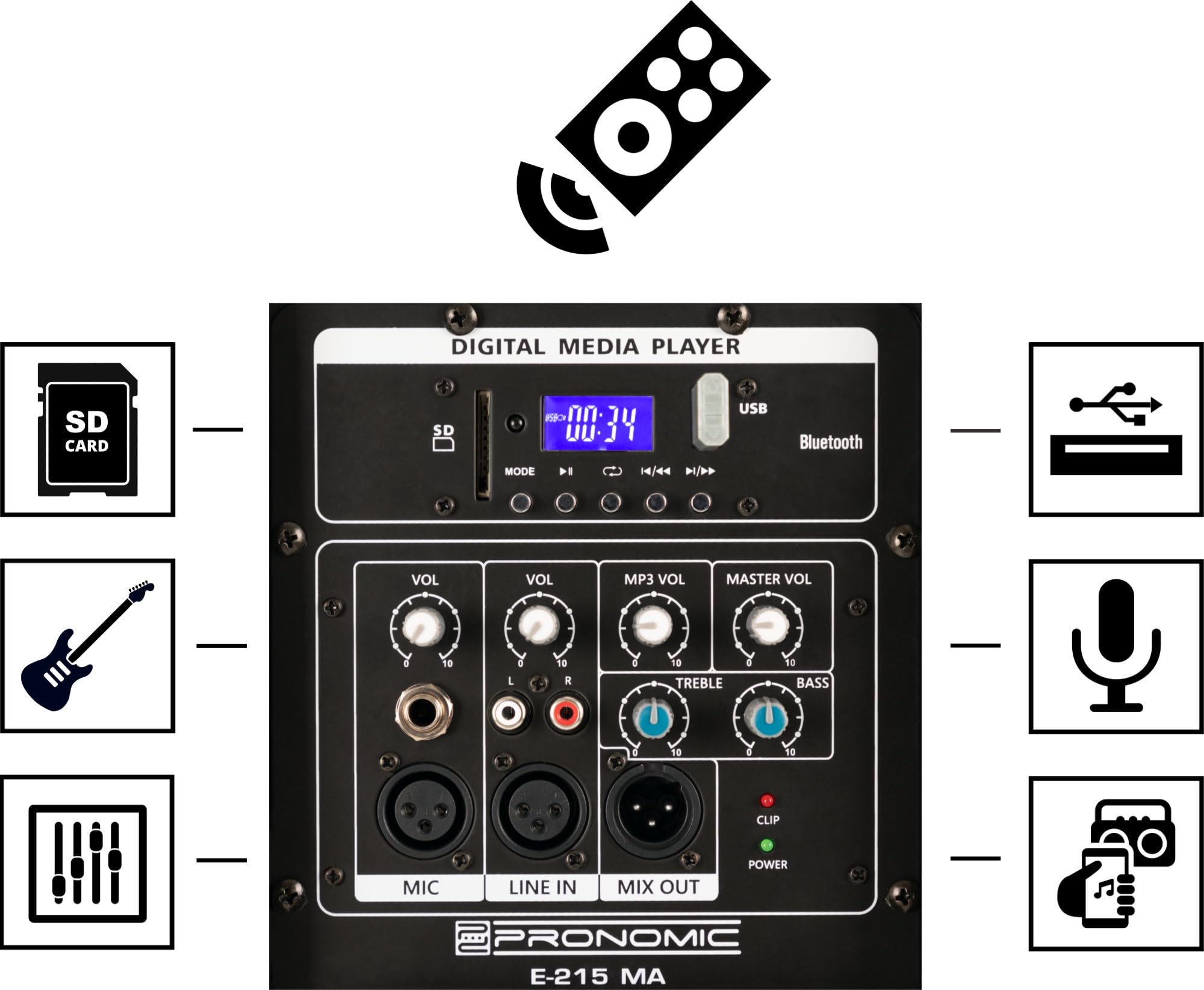 Pronomic E-215 MA - Aktive 2-Wege Box - Leistung: 120 Watt (RMS) - 15" Woofer + 1,0" Kompressions-Treiber - Bluetooth-Empfänger und MP3-Player mit USB/SD - Monitorschräge