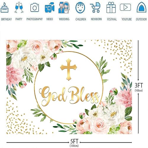 Miniatura 4 de Ticuenicoa Telón de fondo de bautismo de 5 x 3 pies para niña, fondo de primera comunión, rosa y dorado, Dios bendiga la espalda, decoración de
