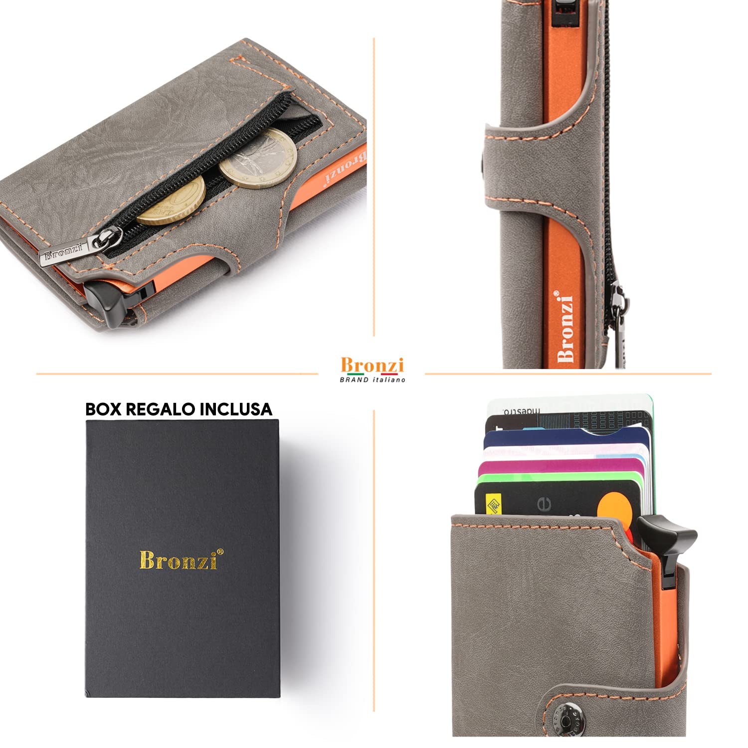 Bronzi Portafoglio Uomo Piccolo, Slim - Porta Carte Di Credito - Portacarte Con Portamonete - Porta Tessere Documenti Tascabile (Grigio Opaco)