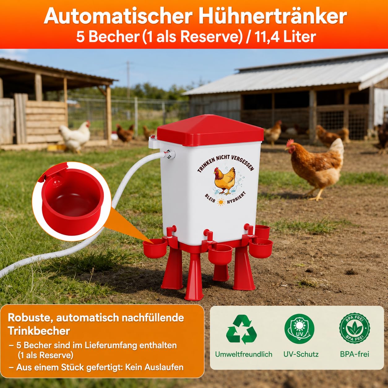 Automatischer Futterautomat Hühner 12KG & Hühnertränke 11.4L mit Schwimmerventil, Geflügeltränke, 4 Näpfe, 3 Anschlüsse, Wassertränke Futterspender Hühner, Zubehör für Stall, Tauben, Wachteln (Rot)