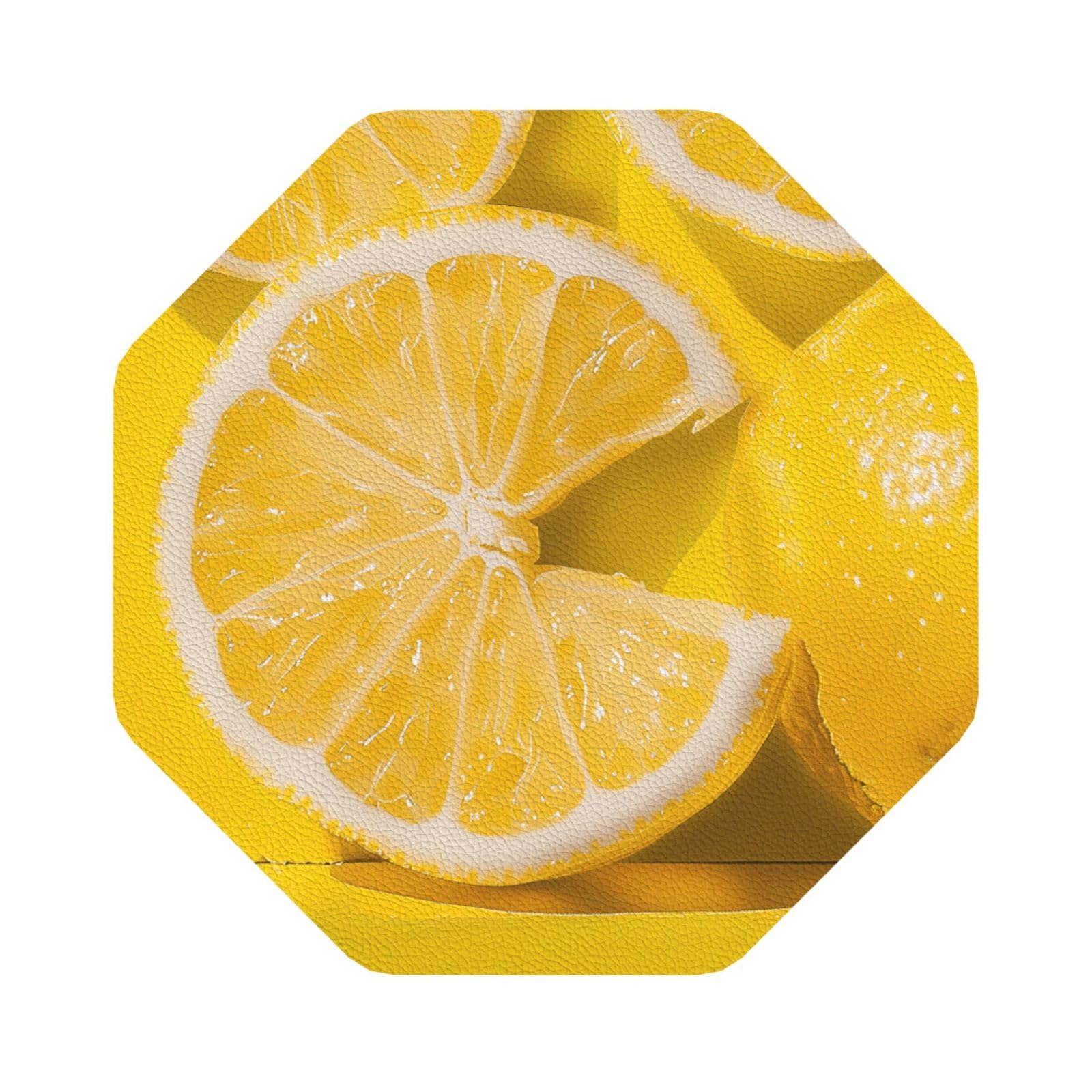 Yellow Lemon Print Leather Coaster Set of 6, Octagon Coasters Table Decorative Coffee Cup Beverage Coasters Wine Beer Bar Coasters for Hot Drinks Table Protection