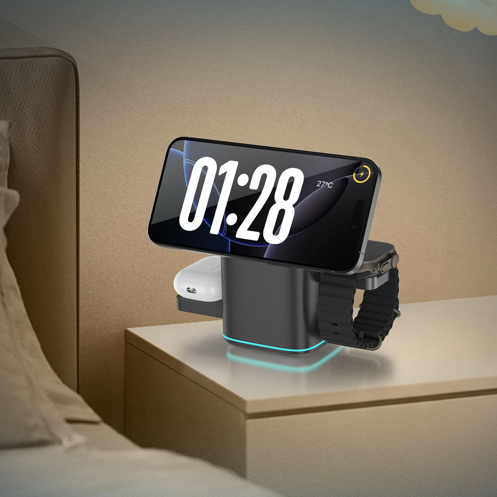 Stazione Magnetica Rotante in Metallo con Ricarica Veloce da 15 W per dispositivi Multipli Telefono Auricolare Smartwatch Metallo per Ufficio Veloce