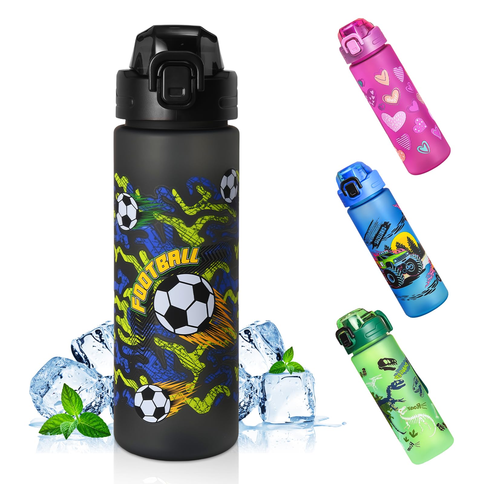 AMFUN 700ML Kids Water Bottles, BPA-Free, Sports Water Bottle, One-Touch Opening for Office, Gym, Sports, Outdoor, Hiking, Fitness, Cycling, School (Black-Football)
