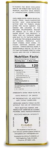 Miniatura 2 de P.J. KABOS Cosecha 202425, Alto fenólico (450+mgkg), Aceite de oliva virgen extra griego premium, Kosher, Grecia, Extracto en frío, 3 latas de 16.9