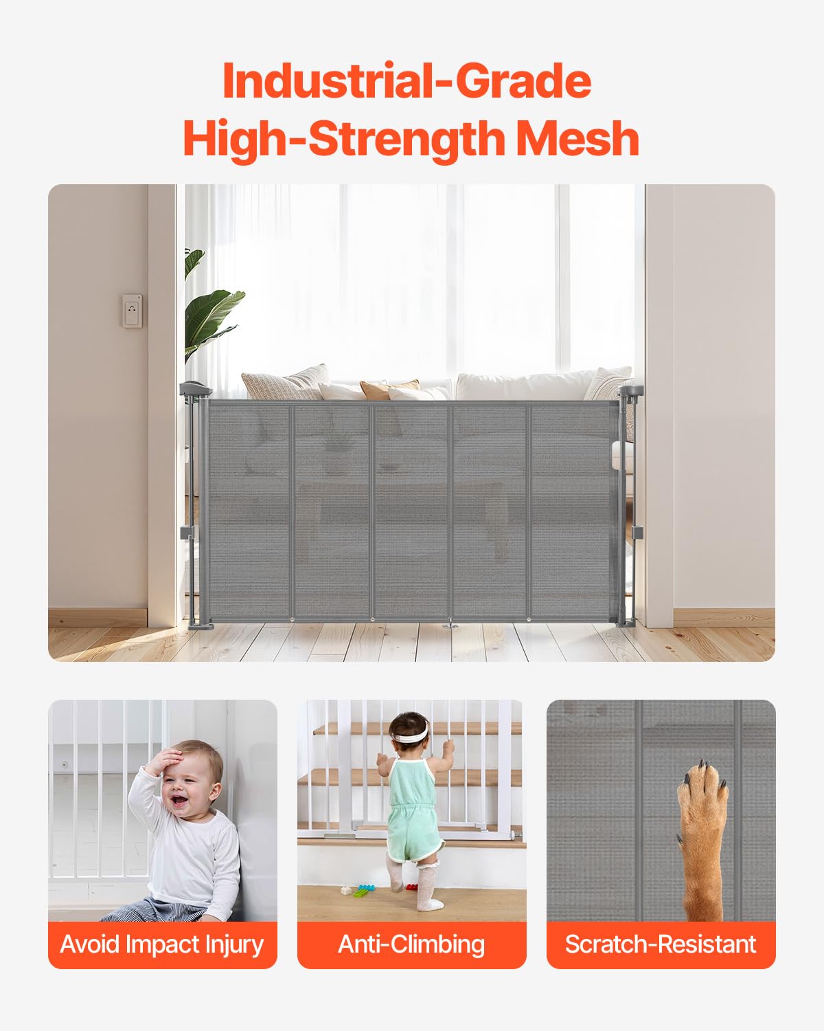 VEVOR Cancelletto di Sicurezza a Rete Retrattile Altezza 87 cm Estensibile max. 140 cm di Larghezza per Uso Domestico, Cancelletto a Casa Cancelletto a Rete per Scale Interne, Porte, Corridoi, Grigio