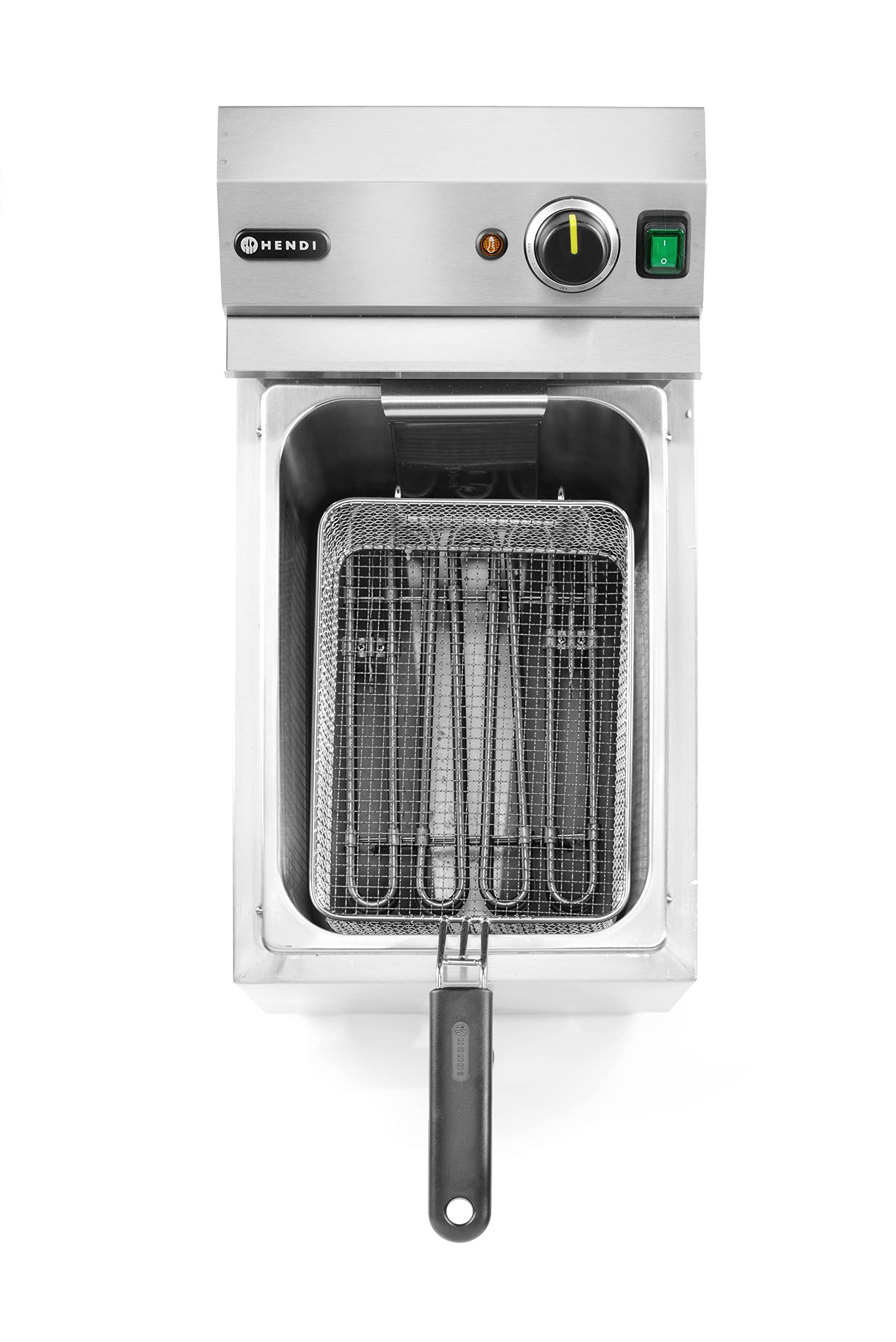 HENDI Fritteuse, mit Ablasshahn, Friteuse, Fritöse, einstellbar bis 190°C, Kaltzone, mit Frittierkorb und Deckel, 10L, 400V, 6600W, 302x687x(H)375mm, Edelstahl