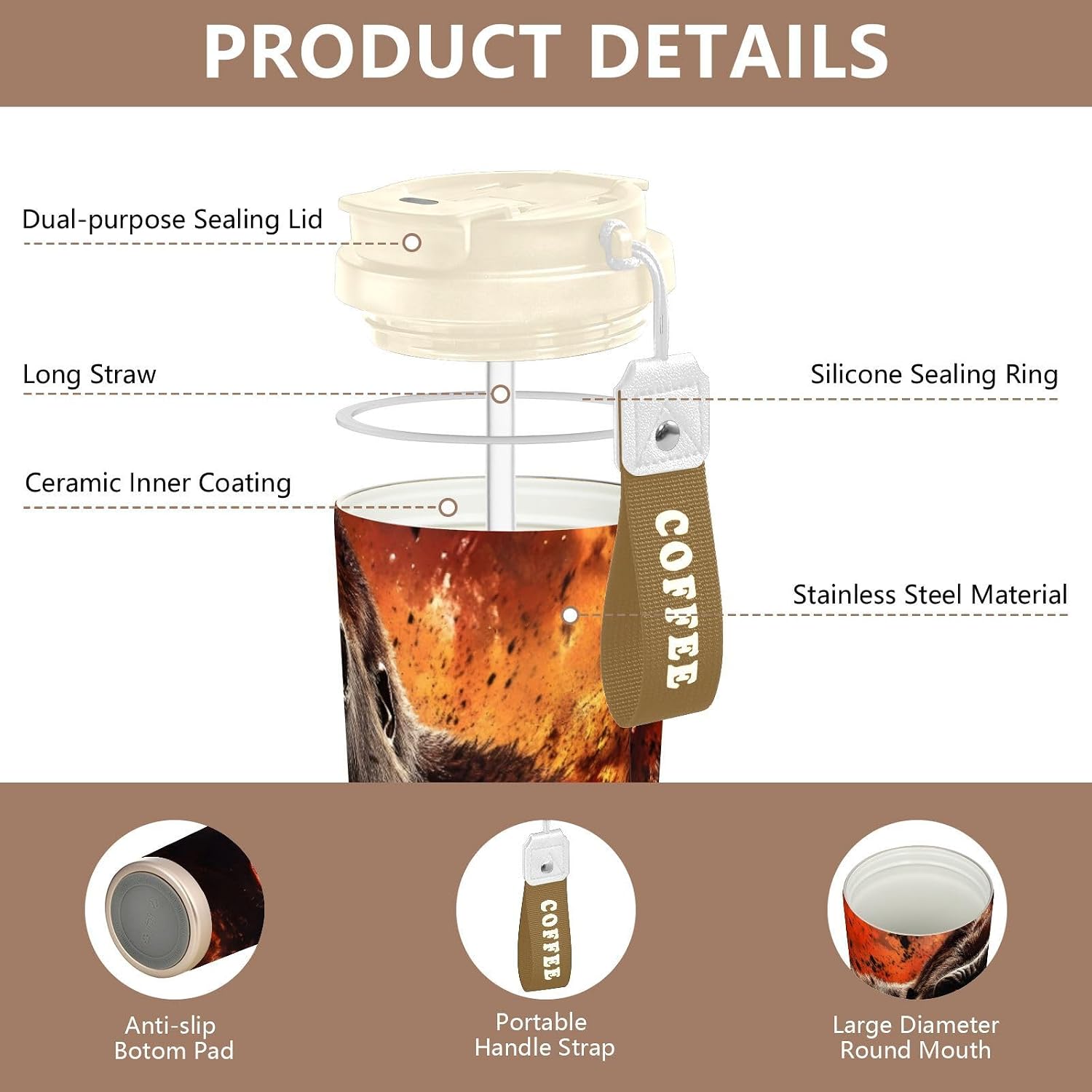 Gorilla Howling Red Insulated Coffee Mug with Straw & Flip Lid, 16.9oz Iced Tumbler Cup, Double Wall Vacuum Mug for Travel Office