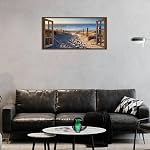 Large Canvas Wall Art for Living Room North Sea Beach in Gold Sunset Sunshine Wall Art Landscape Wall Decor Fake Windows Beach Theme Pictures for Living Room Bedroom Office Kitchen Stretched 60x120cm
