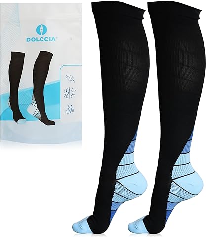 DOLCCIA - Medias de compresión para mujeres y hombres, Calcetines ortopédicos de compresión altos, Alivia dolor e hinchazón piernas, Aumenta la circulación y evita coágulos, Mejora las varices