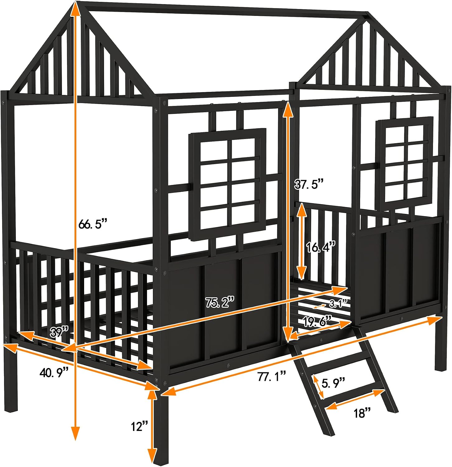 Bellemave Twin Size House Loft Beds Metal Low Bed Frame Kids Playhouse with Fence Railings Cabin for Girls Boys Teens, No Box Spring Needed Black With Fence